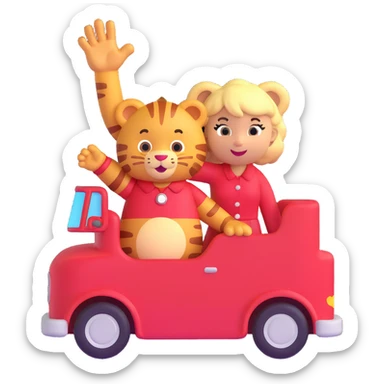 Daniel Tiger and Taylor Swift together, waving, colorful and playful, 3D emoji style sticker