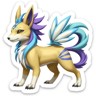 Colorful Skilled Adept Graceful Asian Painted WereGarurumon-Suicune-Linoone-Meloetta-Renamon-fusion-hybrid-creature (full body) sticker