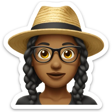 A girl with a cigarette in her mouth, a straw hat and black glasses sticker