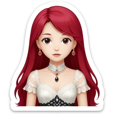 Beautiful shiny Gorgeous Anime Lady with long hair with a beautiful white silky lace dress and rubies and onyx gems  sticker