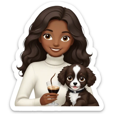 Girl with winged liner. Hair long wavy like Lana del Rey. Hair dark brown. Eyes dark brown. Holding an espresso martini and a black & white little puppy. Wearing a black turtleneck. Looking happy and smiling.  sticker