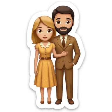 Couple. Bald man with dark brown-black beard. White woman with many small, faded freckles, she has white skin and she has auburn-yellow-brown-cinnamon, dark long hair. She has light brown eyes. The man have hazel eyes. Retro style. They hug. sticker