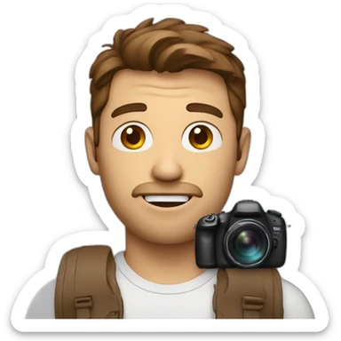 man surprised face with brown hair holding a camera sticker