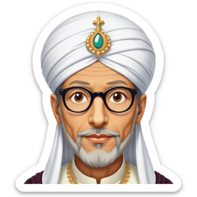 Jeff Goldblum no glasses as a regal portrait dressed as suleiman-the-magnificent,-depicted-as-a-regal-ottoman-sultan-adorned-with-a-large,-white,-round,-tall-turban-and-a-majestic-grey-beard,-his-commanding-gaze-bathed-in-warm,-historic-lighting-that-exudes-timel sticker