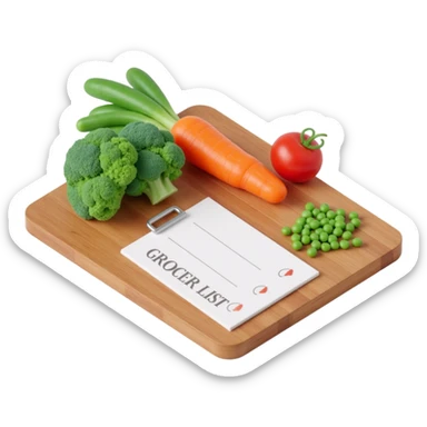 3D isometric illustration of a wooden cutting board with fresh vegetables (carrot, broccoli, tomato, peas), a paper grocery list with checkboxes, soft lighting, realistic textures, floating shadows, minimalistic style, dark background, modern food planning app aesthetic sticker