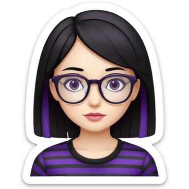 chica bonita con ligero cabello negro con rayas moradas que llega hasta los hombros con lentes cuadrados de estatura pequeña con ropa negra sticker