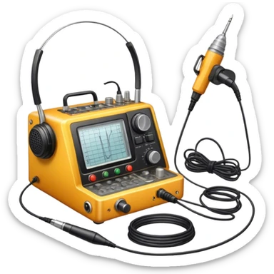 A photorealistic icon featuring a ham radio transceiver, headphones, microphone, antenna, radio equipment like soldering tools and cables, soldering iron in use. The design includes detailed textures and realistic lighting. Transparent background. sticker