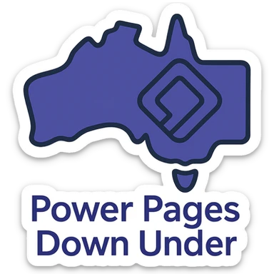 Update the text to 'Power Pages Down Under' in the same clean, modern font style below the map of Australia with the official Microsoft Power Pages icon overlay. Use #403DAD as the main color, no digital web overlay sticker