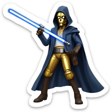 bounty hunter tarnished undercover tough well-equipped Jedi  life-sized darkblue-pearl C3po leather vest clothing pants and vest old west duster coat holding light saber sheriff sticker