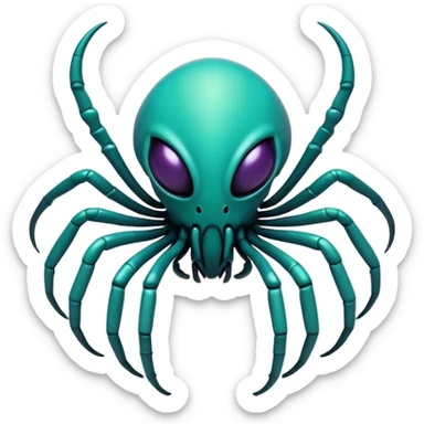 Clash of Clans aesthetic: Cinematic fierce arachnid Alien Emoji, rendered in a 3D vector-style similar to standard emojis with minimal shading and bold, simplified shapes. A compact, isometric, otherworldly creature with insectoid, organic details and subtle, eerie tentacles, softly glowing with a sinister alien charm. Simplified yet unmistakably iconic, highly detailed and consistent, glowing with a soft, spectral radiance and high shine. Stylized with a touch of bio-engineered mischief and a soft glowing outline, capturing the essence of a fearsome extraterrestrial menace with a playful twist! sticker