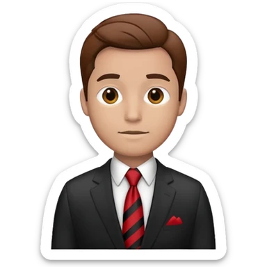 man wearing a suit with black horizontal stripes and a red tie sticker