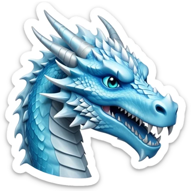 Cinematic Noble Fierce Ice Dragon Portrait Emoji, Poised and imposing, with a muscular, long elegant snout, scaled body shimmering in glacial hues of icy blue, frostbitten silver, and crystalline white, breathing out frost, with piercing, glowing eyes that radiate the chilling depths of an arctic storm; rendered in detail. sticker