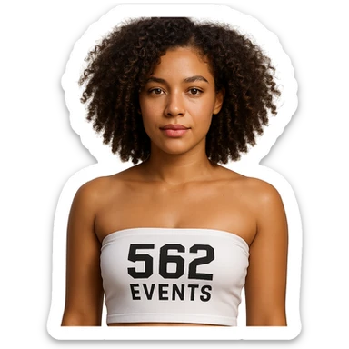 realistic Red Bone woman with light brown skin, curly hair, wearing a white tube top that says '562 Events' sticker
