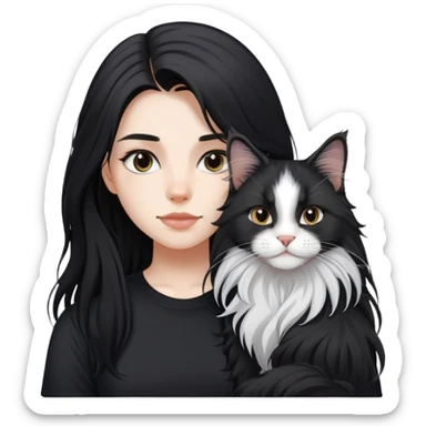 a  girl with black long hair with a white Maine coon with black shirt sticker