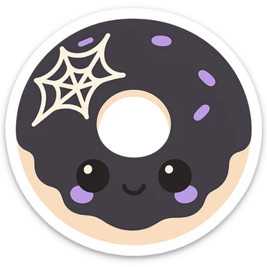 kawaii style gothic donut, happy face, black icing with spiderweb design, purple and white accents, sweet and mysterious sticker