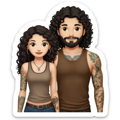 a pretty bratz fair girl with black long curly hair in a brown tank top with tattoos standing with a handsome tattooed tall guy sticker