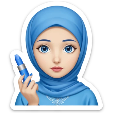 Turkish beautiful finish Konya girl blue eyes with blue hijab islamic dress and had on her hand blue lipstick and hold it sticker