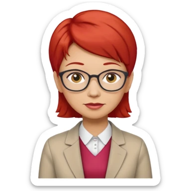 accountant older with red short hair without glasses, modern clothes, girly sticker