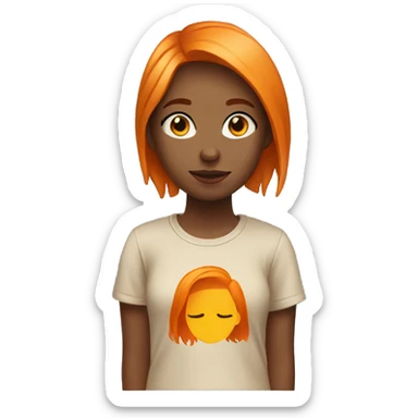 A girl with orange hair, with a beige T-shirt sticker