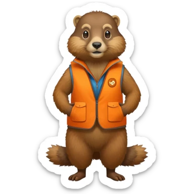 crea una marmota de cuerpo completo, que lleve un chaleco color naranja y que en el chaleco lleve el nombre (telamon) sticker