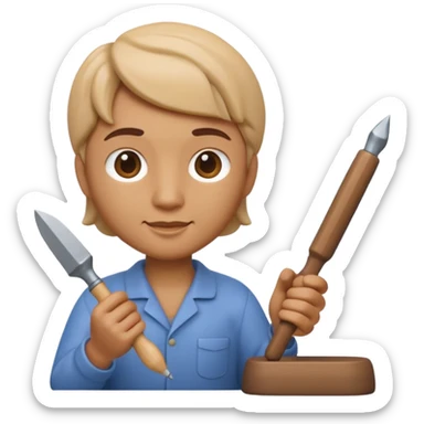 Apple Memoji-style 3D emoji of a sculptor with a small statue and chisel, smooth gradients, rounded edges, no background.during sculpting sticker