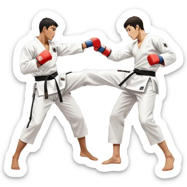 Two taekwondo fighters in traditional white doboks with black belts. One delivers a powerful kick, while the other defends by blocking with his knee. The background shows a professional arena with bright lights and an excited crowd. Transparent background highlights the intense action sticker