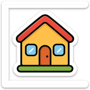 cute cartoon house icon, rounded shapes, friendly appearance, red roof, modern icon style sticker