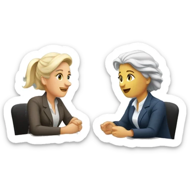 an older woman grey hair and a younger woman blonde hair sitting at a table talking job interview semi casual sticker