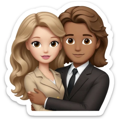 White Barbie girl Chestnut long wavy hair In beige clothes, Hugs a man with brown hair, brown eyes and a black suit sticker