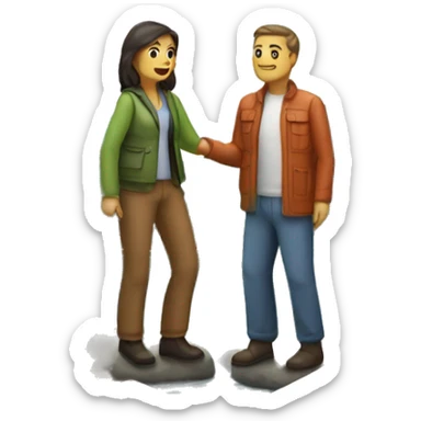 mujer y hombre junto a una carpa a la orilla de un lago con montañas de fondo sticker