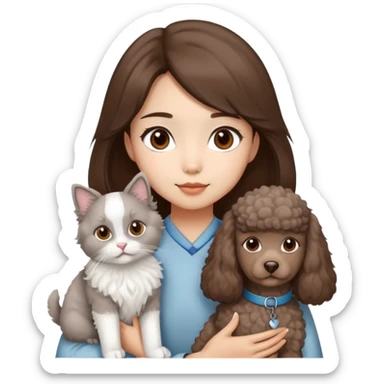 Asian girl brown hair girl with brown eyes with a grey and white ragdoll cat and a brown poodle dog  sticker