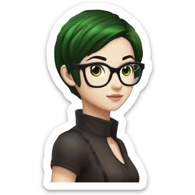 a girl with blue eyes, dark brown hair, black glasses, inspired by jolyne cujoh from Jojo's bizarre adventure. hair colors based on jolyne cujoh with green and dark brown hair. sticker