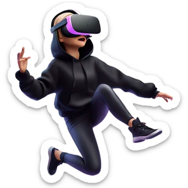 Russian girl wearing black hoody with violet letters "OMG", in vr headset oculus quest2. jumping. Cyberpunk style. Violet neon. sticker