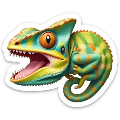 cinematic giant-yawning chameleon-realistic emoji, mouth wide open with tongue out, -blending-with-vibrant-greenery.-detailed-scales-in-shifting-colors,-showing-the-chameleon’s-ability-to-camouflage.-soft-natural-light-highlights-its-texture.-light-background, zoomed into its face sticker