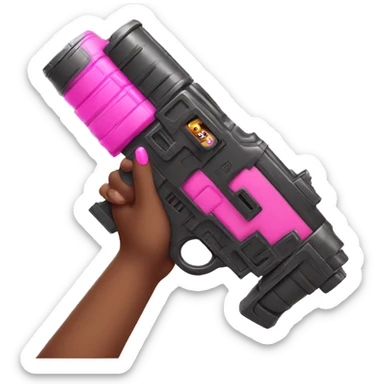 brown hand with pink nails holding large scary dark nerf gun sticker