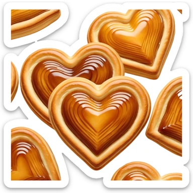 Cinematic crisp palmier, golden-brown heart-shaped pastries, perfectly caramelized layers, delicate and flaky, warm glowing background, inviting and delicious. sticker