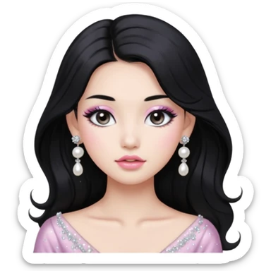asian long voluminous black hair silver grey eyes glossy lips glittery white and light pink eyeshadow girl pearl earrings sticker