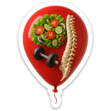 palloncino rosso con all'interno insalata, manubri da palestra e una spina dorsale anatomica realistica in 3d, isolato su sfondo bianco sticker