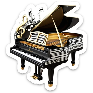 Create a sophisticated and celebratory emoji collage representing keyboard instruments, designed in the style of a coat of arms or crest. The design should feature a central, ornate grand piano with black and white keys, surrounded by a ribbon of musical notes. The ribbon should intertwine with a second ribbon made of black-and-white piano keys, creating a flowing, symmetrical pattern. Include delicate, elegant details such as the pedals of the grand piano, intricate woodwork, and the glossy, polished surface of the instrument. The musical notes should be swirling around the design in a harmonious, festive arrangement. Use gold, silver, and rich wood tones to evoke a sense of luxury and professionalism, with the black-and-white keys of the piano adding contrast. The background should remain transparent. sticker