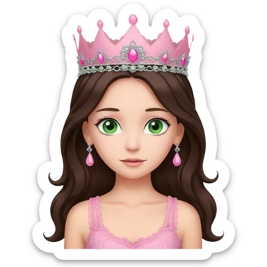 super long haired brunette with middle part cute pink lacy tank with a pink tiara on head, white but with a little bit of tan green eyes  sticker