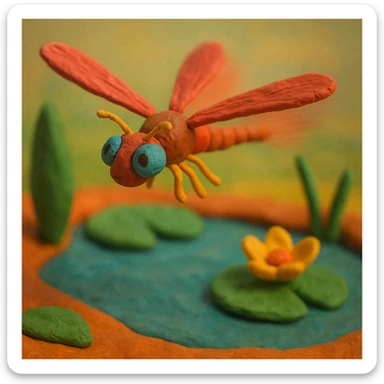 claymation style dragonfly flying with a blurred motion effect, colorful pond background sticker