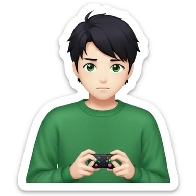 Gorgeous green sweater black hair anime style shojo guy with blushing face and gamer, aesthetic, trending style outside  sticker