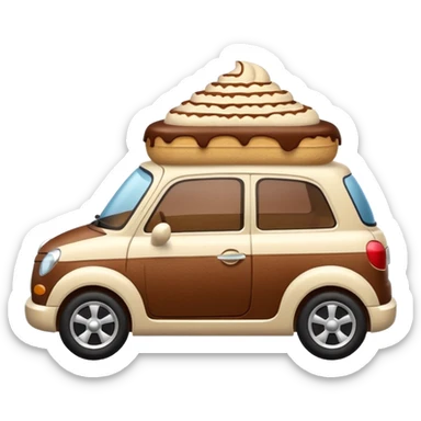 A cute small car, emoji style, side view, adorable tiramisu car, dusting of cocoa, creamy texture, dessert-inspired sticker