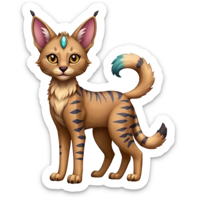 A Colorful exotic tropical tribal cute happy realistic esoteric patterned fluffy furry dark caracal-Lykoi-bobcat-sphynx-genet-serval-Fakémon-fursona-hybrid-fusion-animal-creature, full body, 4-legged sticker