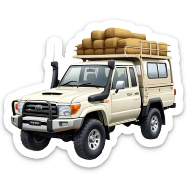 Toyota LandCruiser 70 Series (2021) – Cinematic-realistic Toyota LandCruiser 70 Series ute, its rugged white frame bouncing over rough farm tracks. Dust billows behind as the vehicle powers across dry paddocks, a trusty farm dog perched in the tray, scanning the horizon. sticker