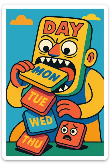 A surreal image of a day eating all the previous days. The day is depicted as a colorful, cartoonish character with a big mouth, consuming smaller representations of past days. sticker