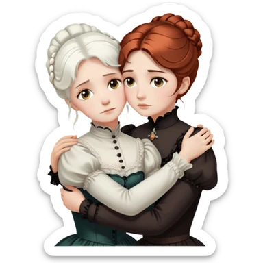 Two Victorian women with light eyes embracing in a sad, intimate hug. One woman has bright white coiffed hair and the other has dark copper coiffed hair. Both wearing Victorian high-neck dresses with their arms wrapped tightly around each other sticker