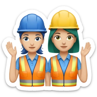 Um homem e uma mulher amarelos com capacete de obras ambos azul escuro e camisa social cinza com faixas refletivas verdes nos braços, Um deles deve estar segurando um megafone de avisos sticker