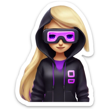 Russian cute blond student girl wearing black hoody with violet letters "OMG", in vr headset. No eyes. Cyberpunk style. Violet neon. sticker