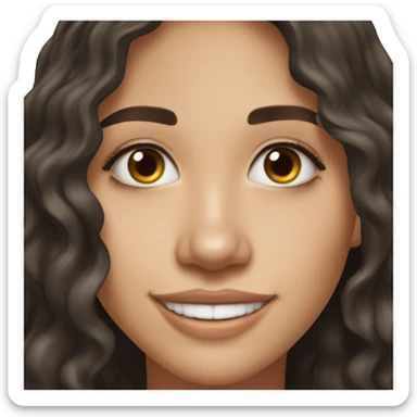 22-year-old woman. Girl with really really dark brown shoulder-length really loose beach waves. REALLY Dark brown eyes with a HUGE OPTIMISTIC SMILE." WEST_EUROPEAN WHITE SKIN  sticker